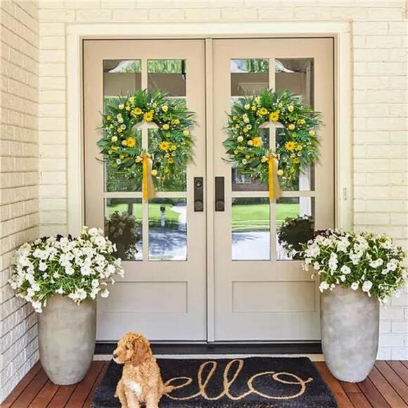 Spring Wreaths for Front Door 24 inch Spring Wreath with Vibrant Daisy and Bow - Picture 3 of 7